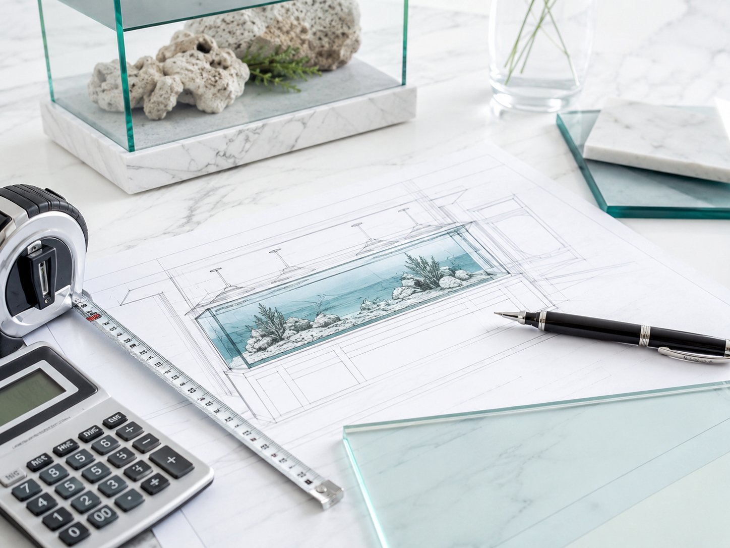 Atelier de design O&M Aquascape — esquisses, mesures, échantillons