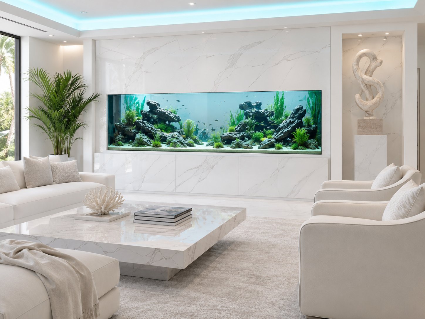 Aquarium mural premium dans une villa marocaine — réalisé par O&M Aquascape