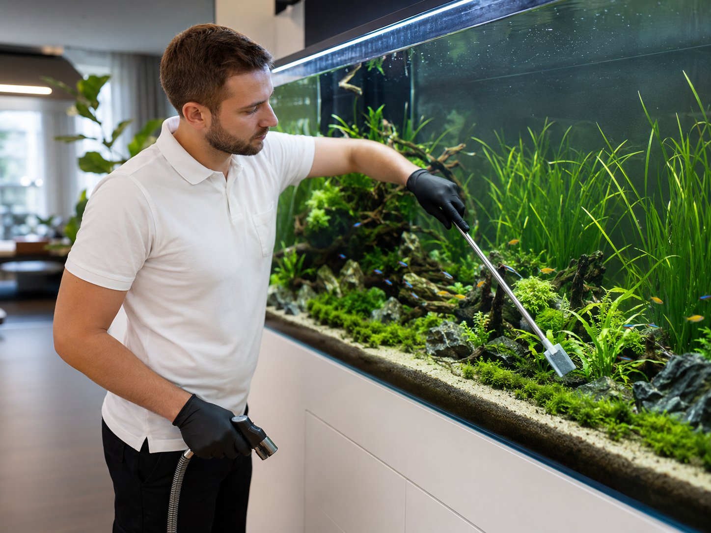 Technicien O&M Aquascape entretenant un aquarium